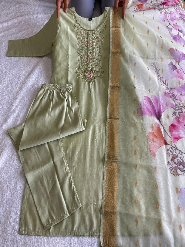 Enamoring Light Pista Roman Silk Handworked Kurta Pant Dupatta Set - Ethnicwish
