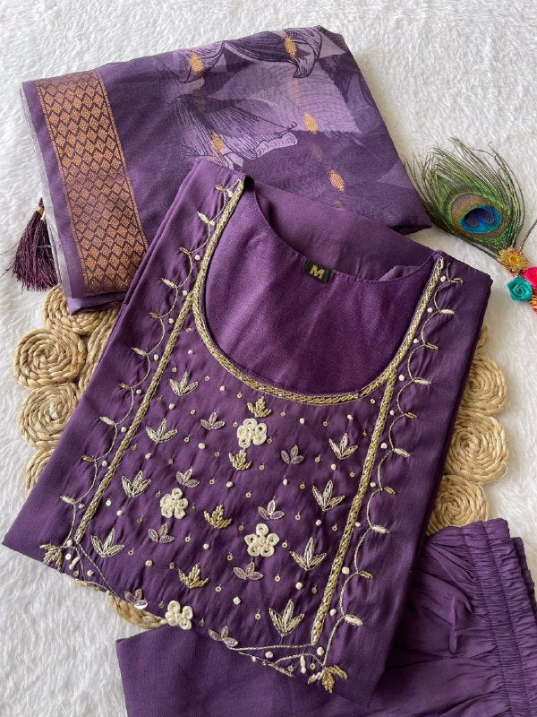 Posh Light Purple Roman Silk Handworked Kurta Pant Dupatta Set - Ethnicwish