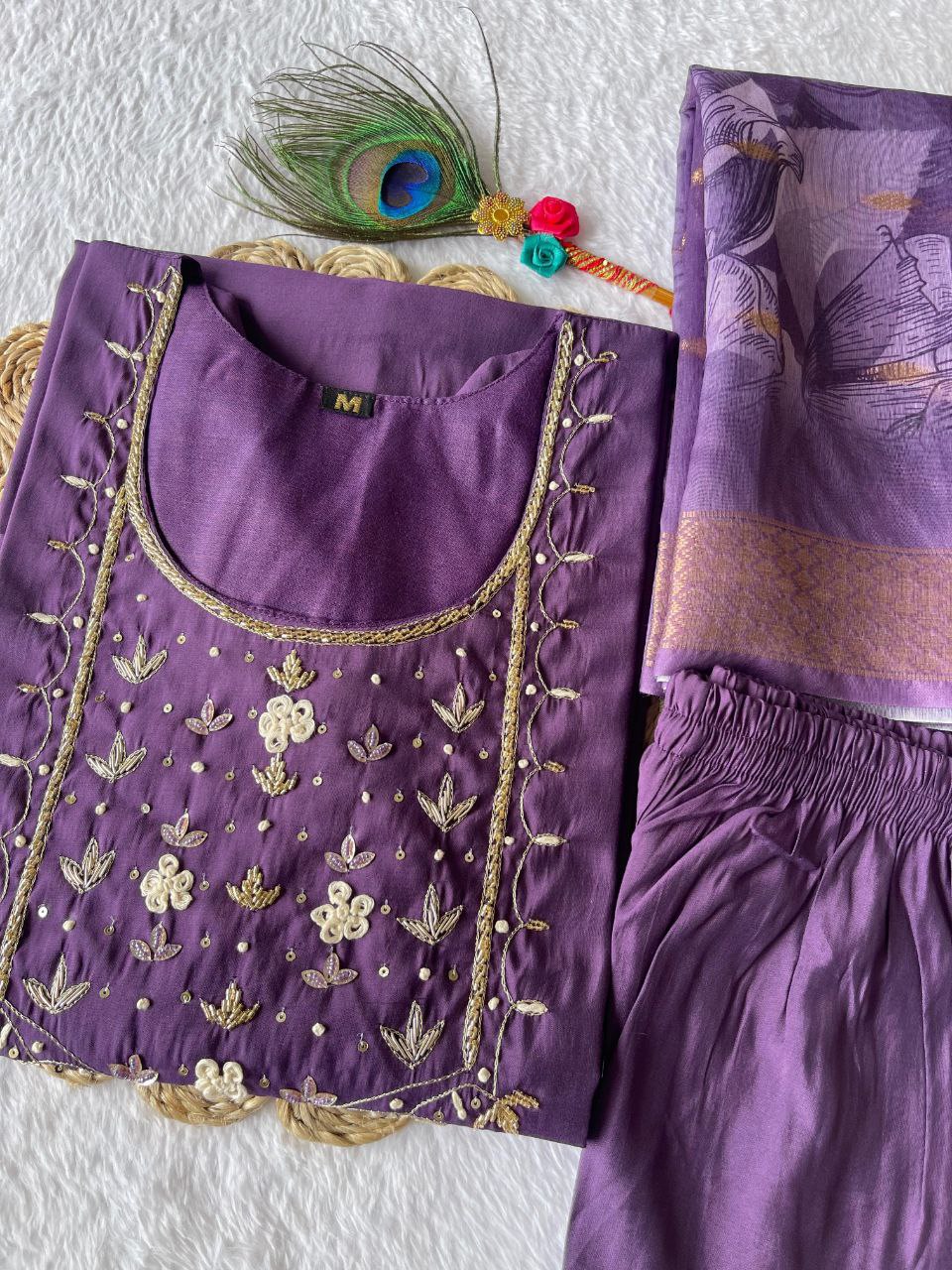 Posh Light Purple Roman Silk Handworked Kurta Pant Dupatta Set - Ethnicwish