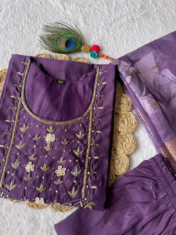 Posh Light Purple Roman Silk Handworked Kurta Pant Dupatta Set - Ethnicwish