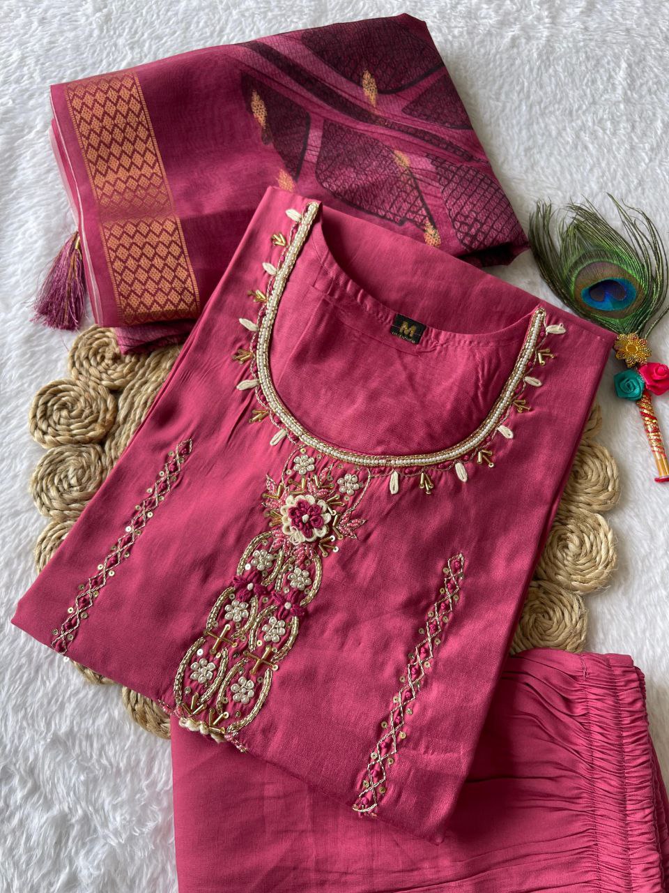Enticing Rouge Roman Silk Handworked Kurta Pant Dupatta Set - Ethnicwish