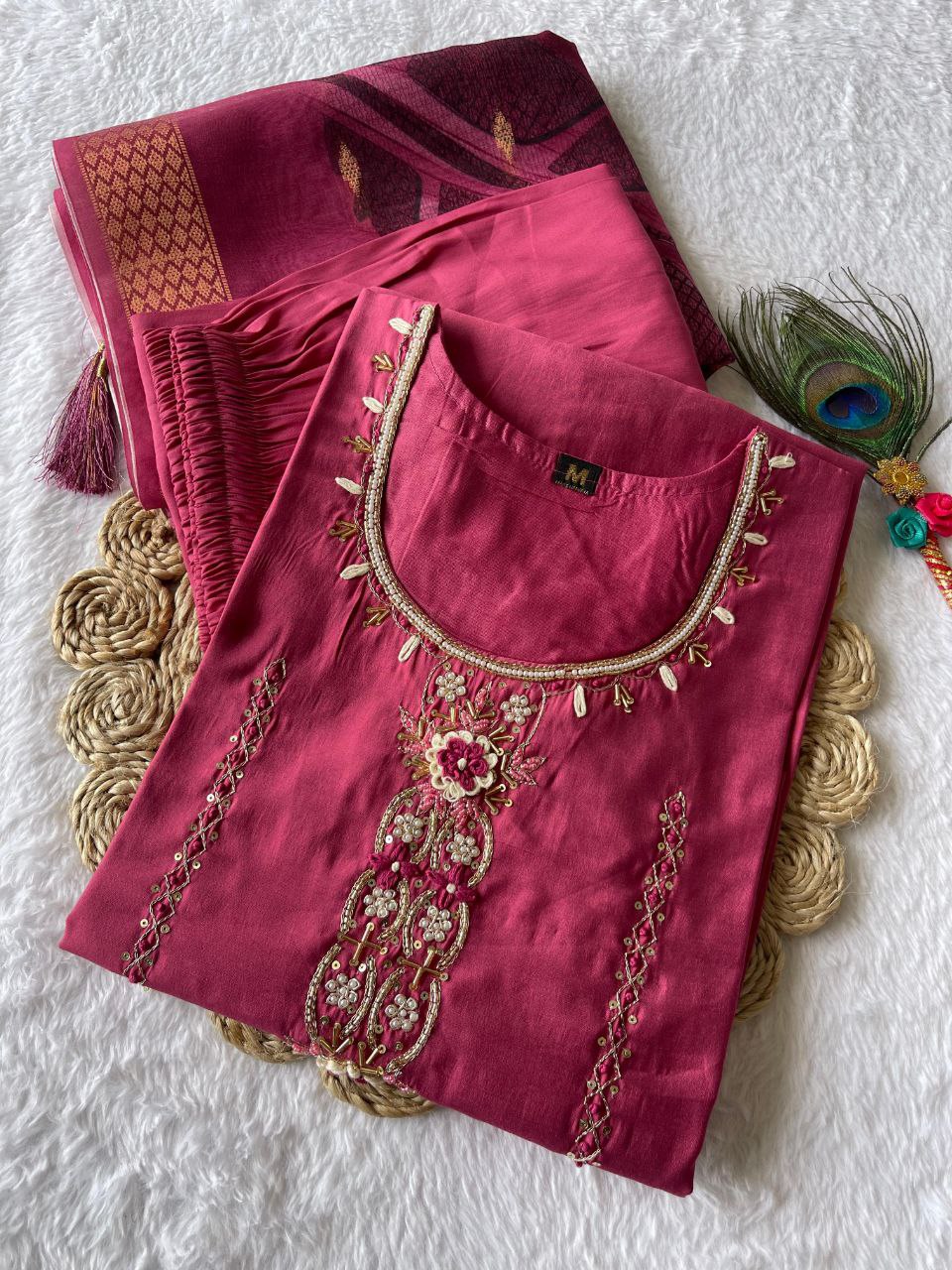 Enticing Rouge Roman Silk Handworked Kurta Pant Dupatta Set - Ethnicwish