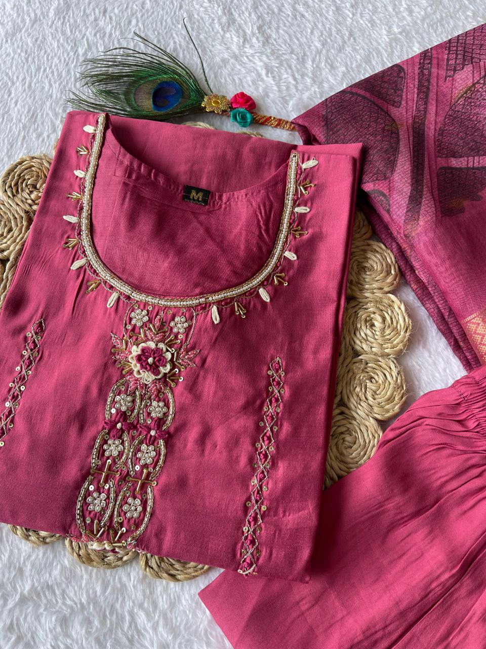 Enticing Rouge Roman Silk Handworked Kurta Pant Dupatta Set - Ethnicwish