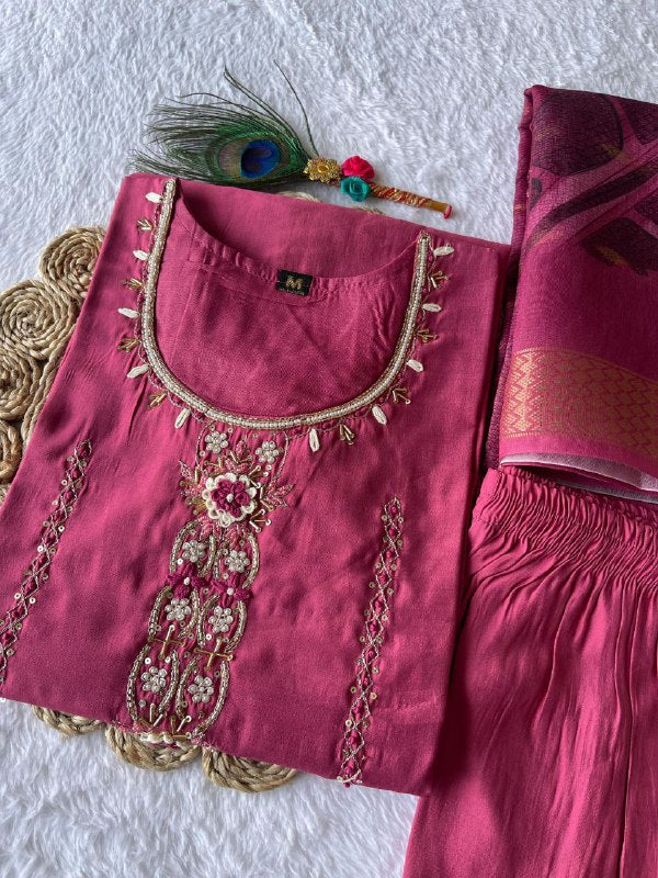 Enticing Rouge Roman Silk Handworked Kurta Pant Dupatta Set - Ethnicwish