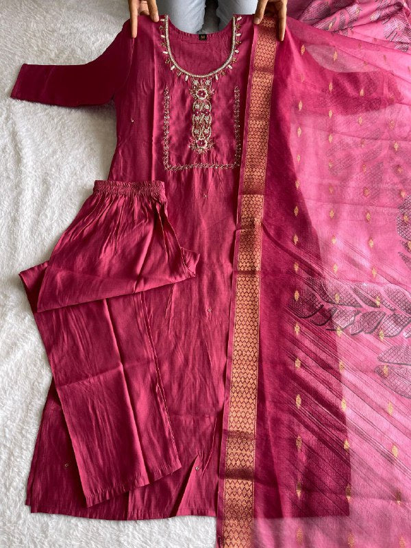 Enticing Rouge Roman Silk Handworked Kurta Pant Dupatta Set - Ethnicwish