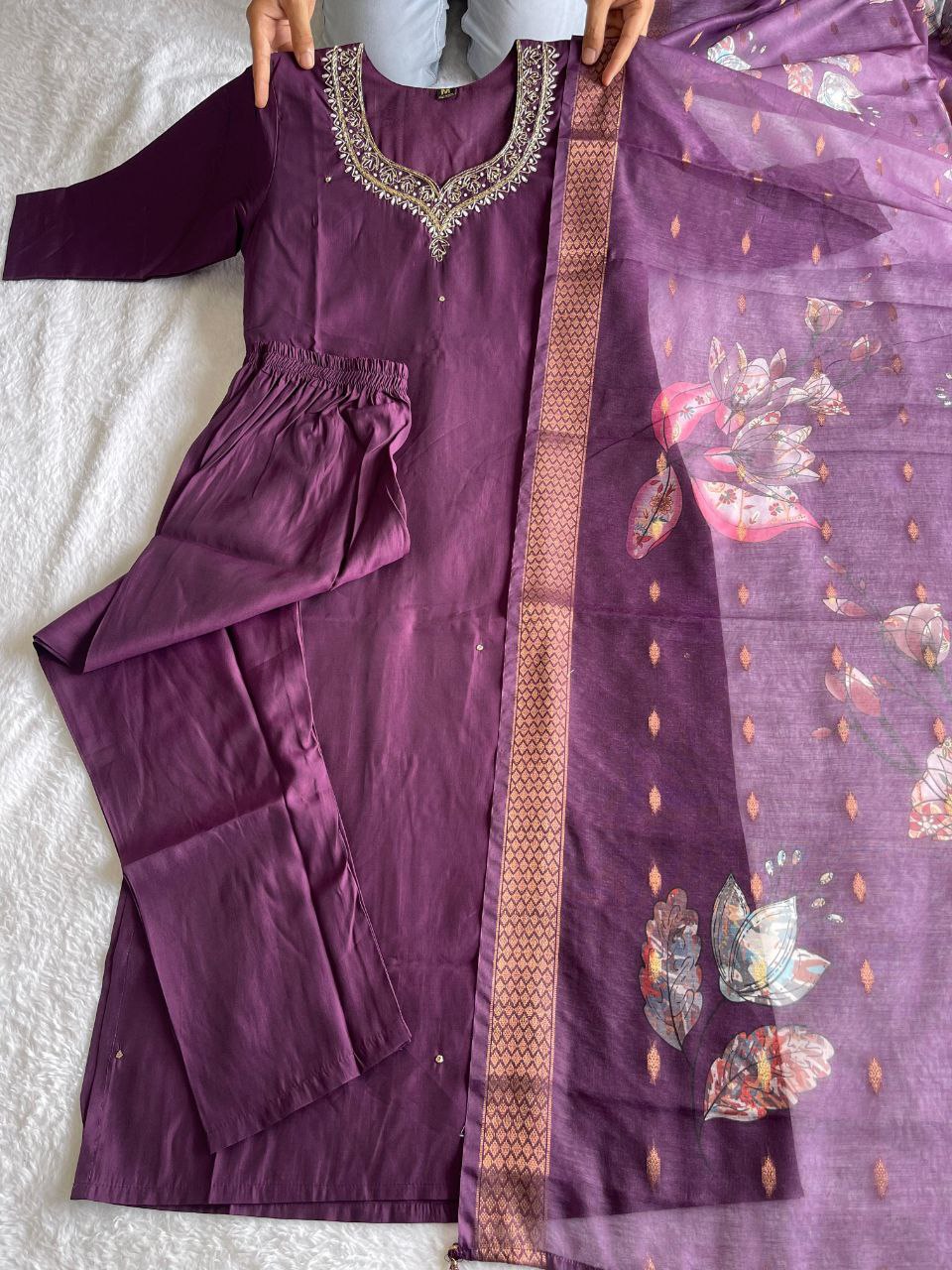 Winsome Purple Roman Silk Handworked Kurta Pant Dupatta Set - Ethnicwish