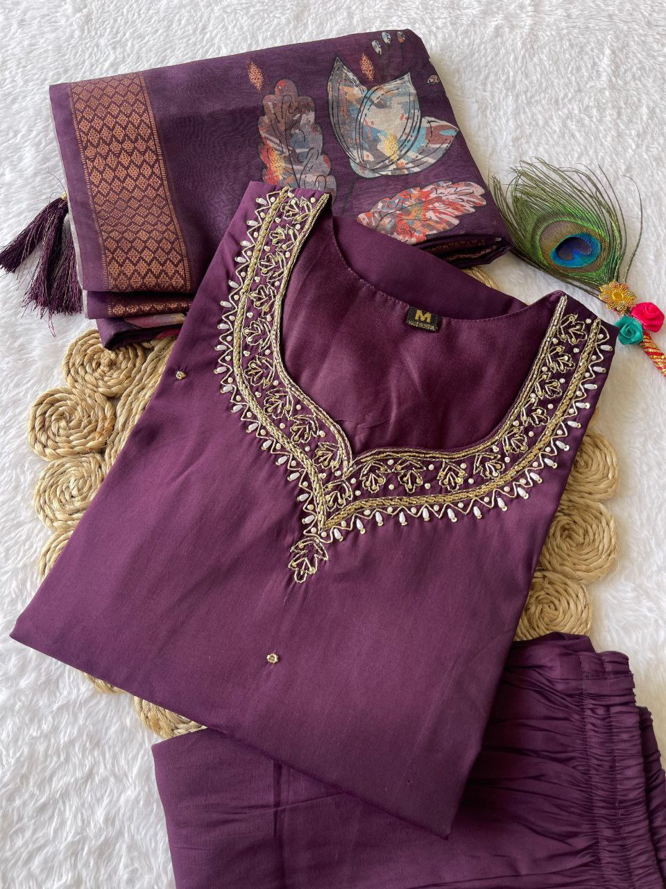 Winsome Purple Roman Silk Handworked Kurta Pant Dupatta Set - Ethnicwish