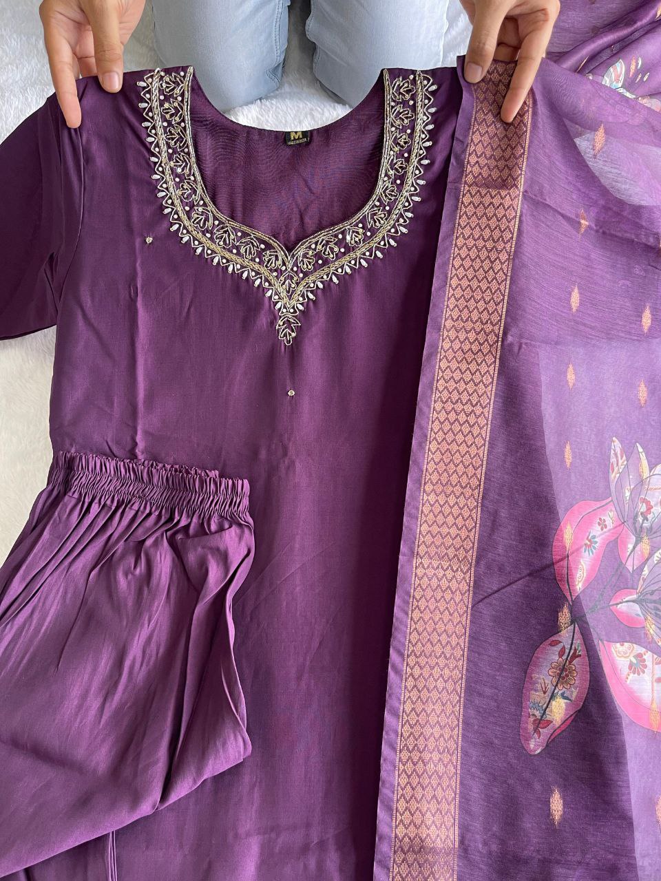 Winsome Purple Roman Silk Handworked Kurta Pant Dupatta Set - Ethnicwish