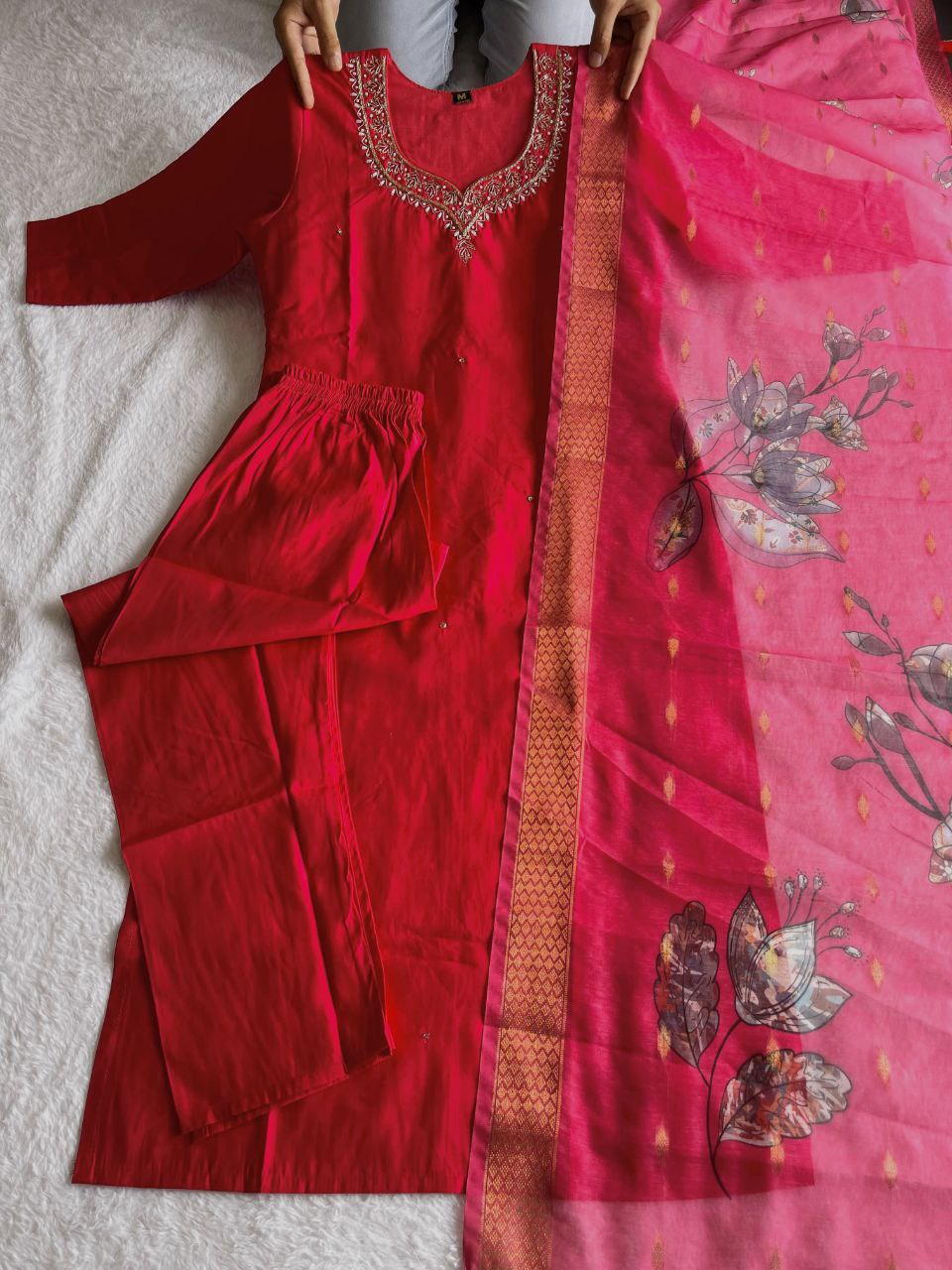 Stunning Tomato Red Roman Silk Handworked Kurta Pant Dupatta Set - Ethnicwish