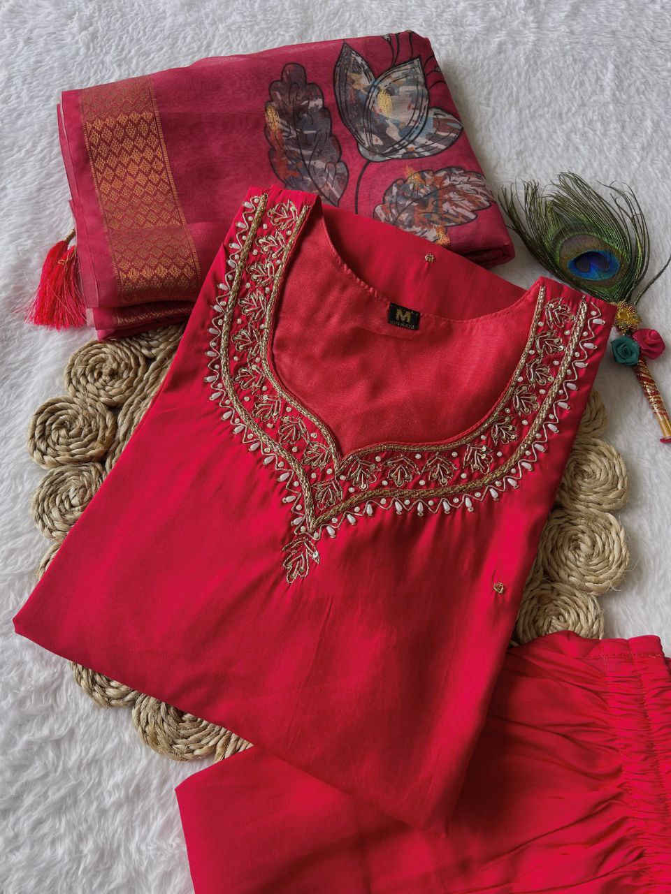 Stunning Tomato Red Roman Silk Handworked Kurta Pant Dupatta Set - Ethnicwish
