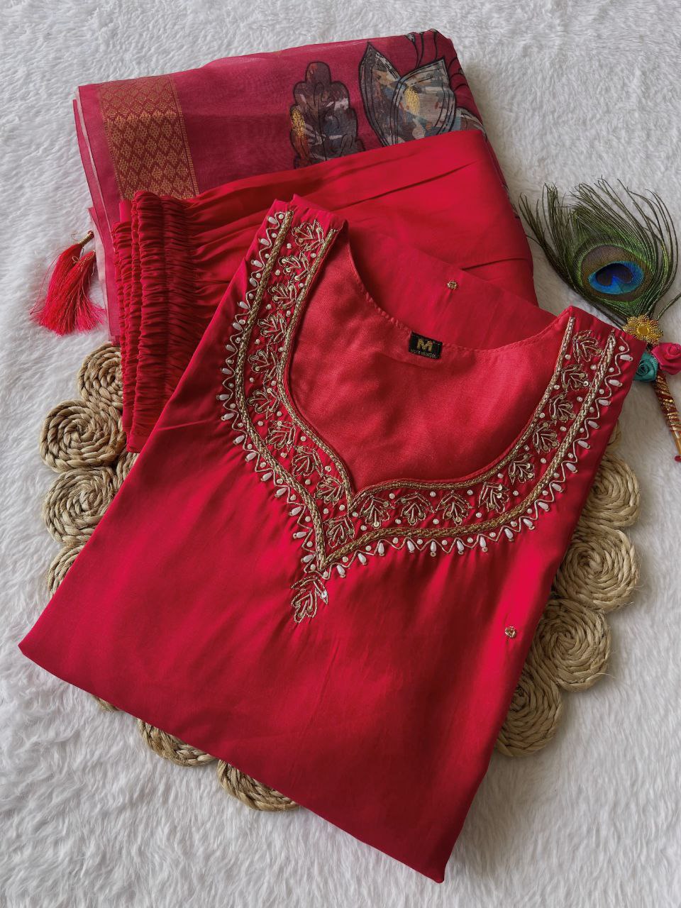 Stunning Tomato Red Roman Silk Handworked Kurta Pant Dupatta Set - Ethnicwish