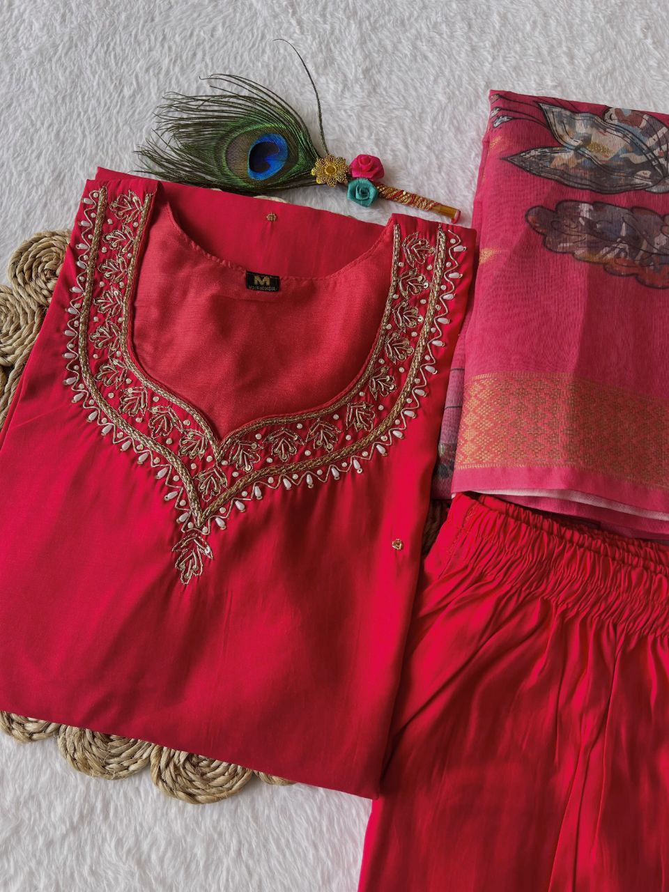 Stunning Tomato Red Roman Silk Handworked Kurta Pant Dupatta Set - Ethnicwish