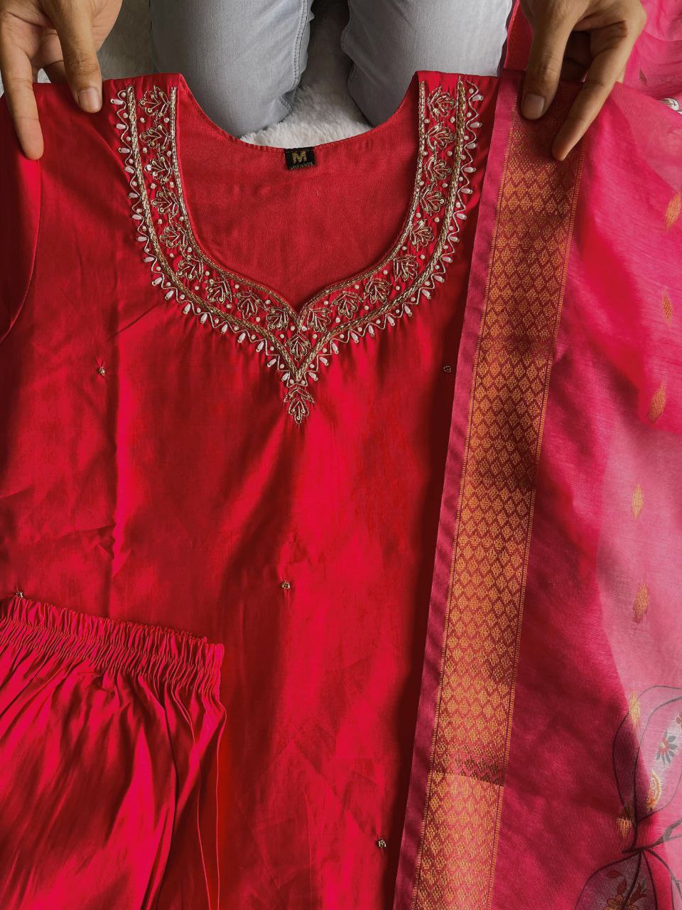 Stunning Tomato Red Roman Silk Handworked Kurta Pant Dupatta Set - Ethnicwish