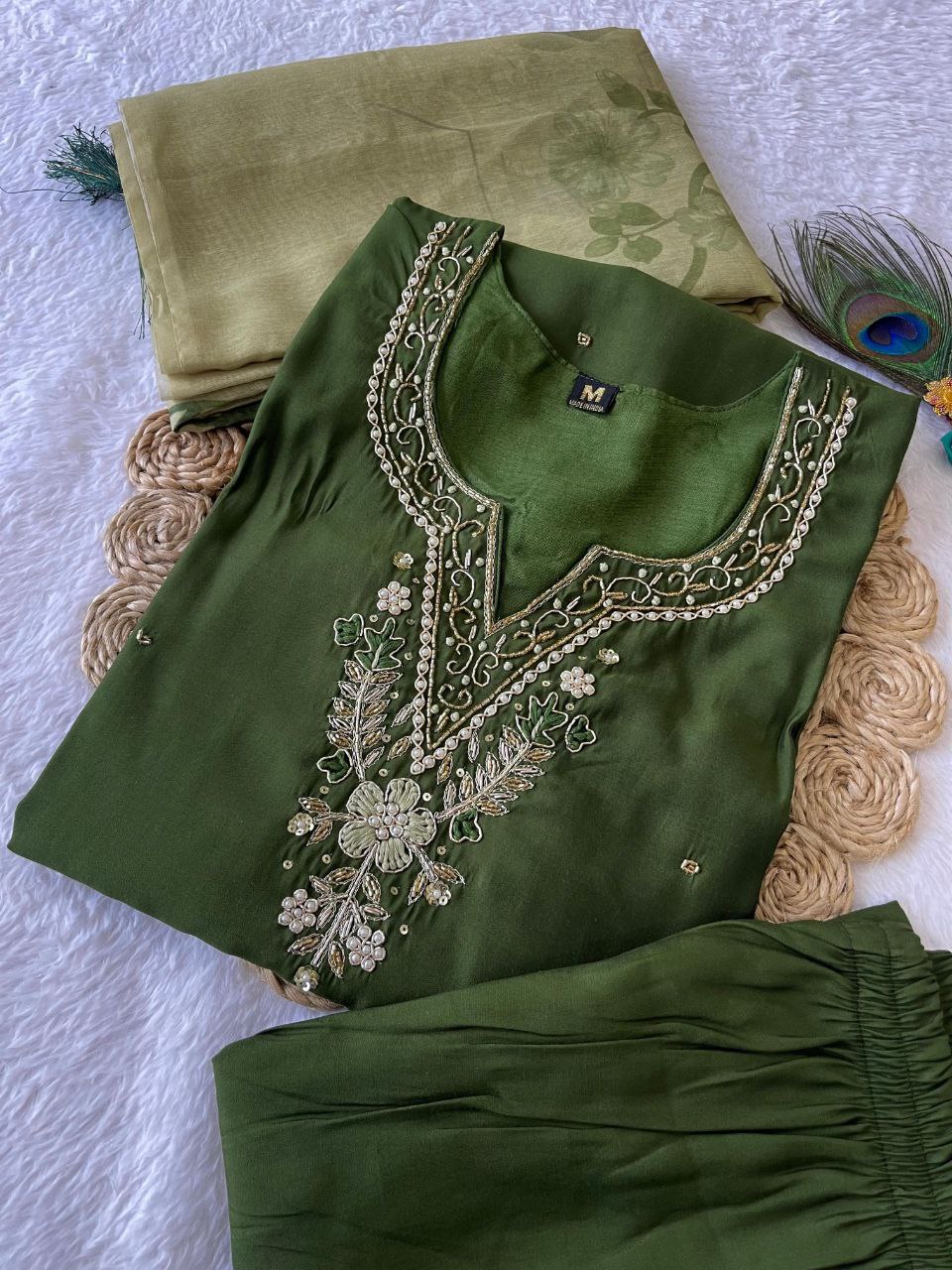 Sublime Dark Mehendi Roman Silk Handworked Kurta Pant Dupatta Set - Ethnicwish