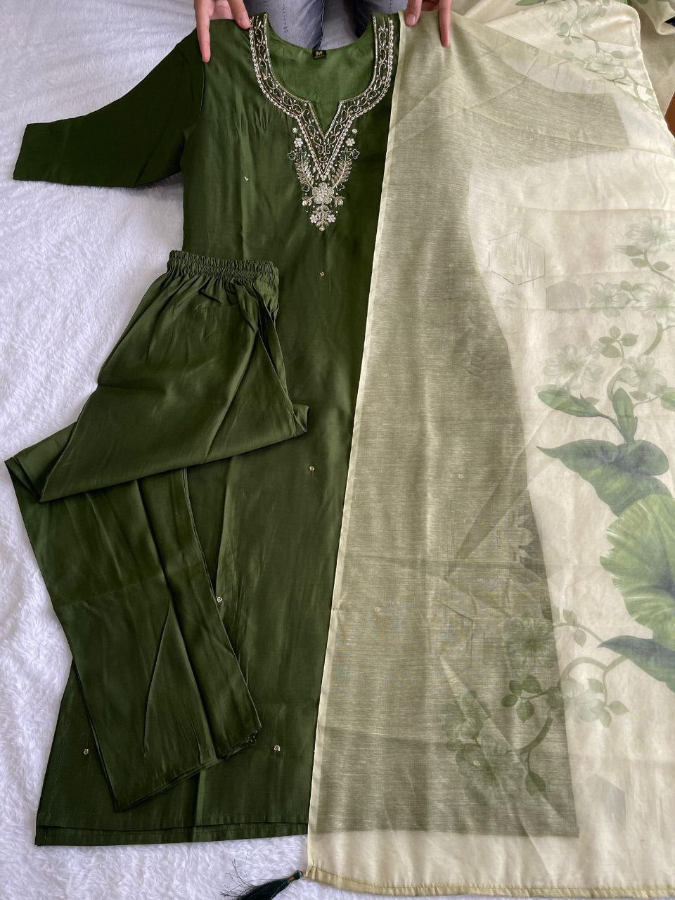 Sublime Dark Mehendi Roman Silk Handworked Kurta Pant Dupatta Set - Ethnicwish