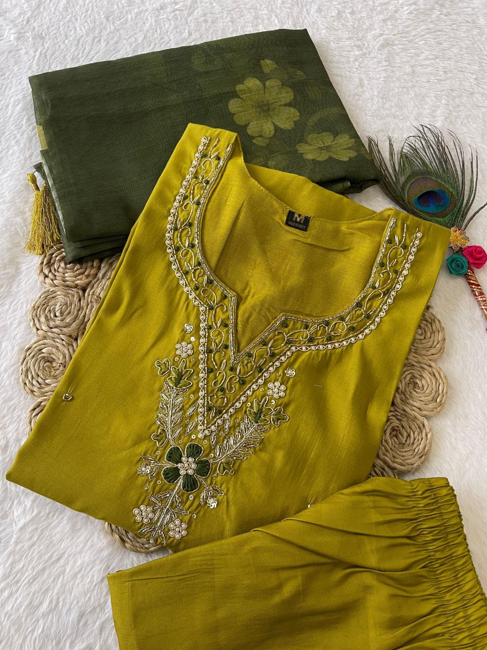 Fabulous Parrot Green Roman Silk Handworked Kurta Pant Dupatta Set - Ethnicwish