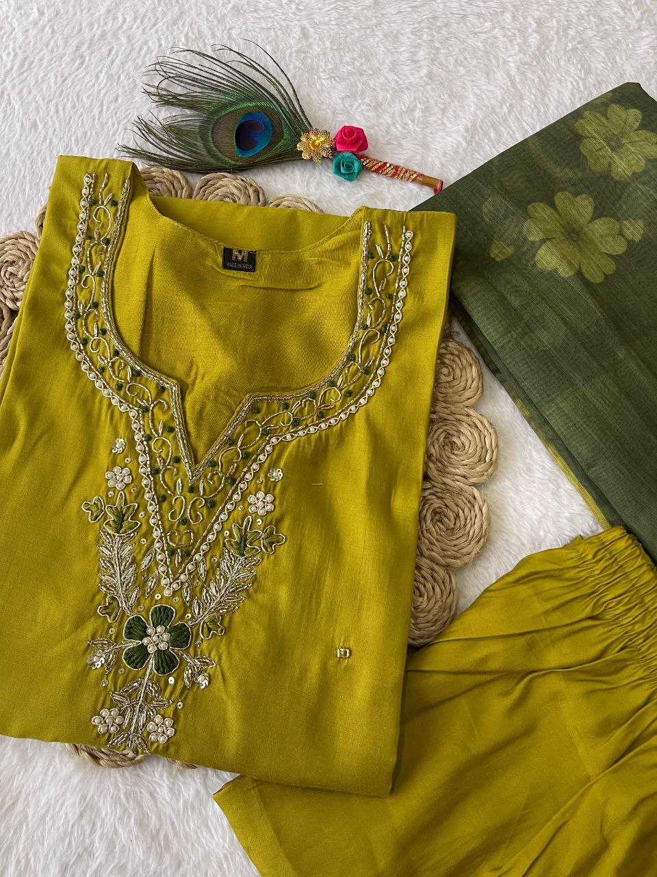 Fabulous Parrot Green Roman Silk Handworked Kurta Pant Dupatta Set - Ethnicwish