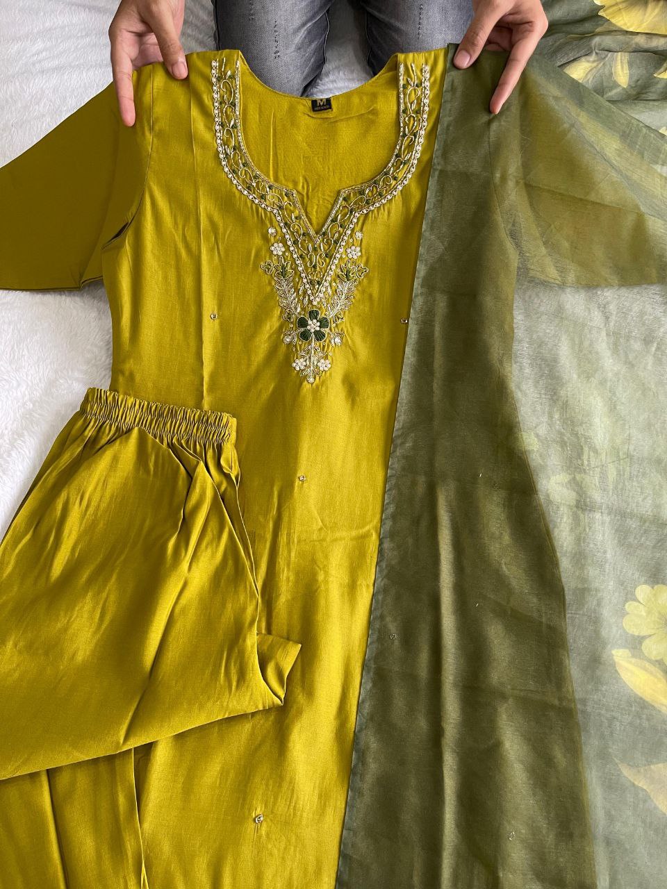 Fabulous Parrot Green Roman Silk Handworked Kurta Pant Dupatta Set - Ethnicwish