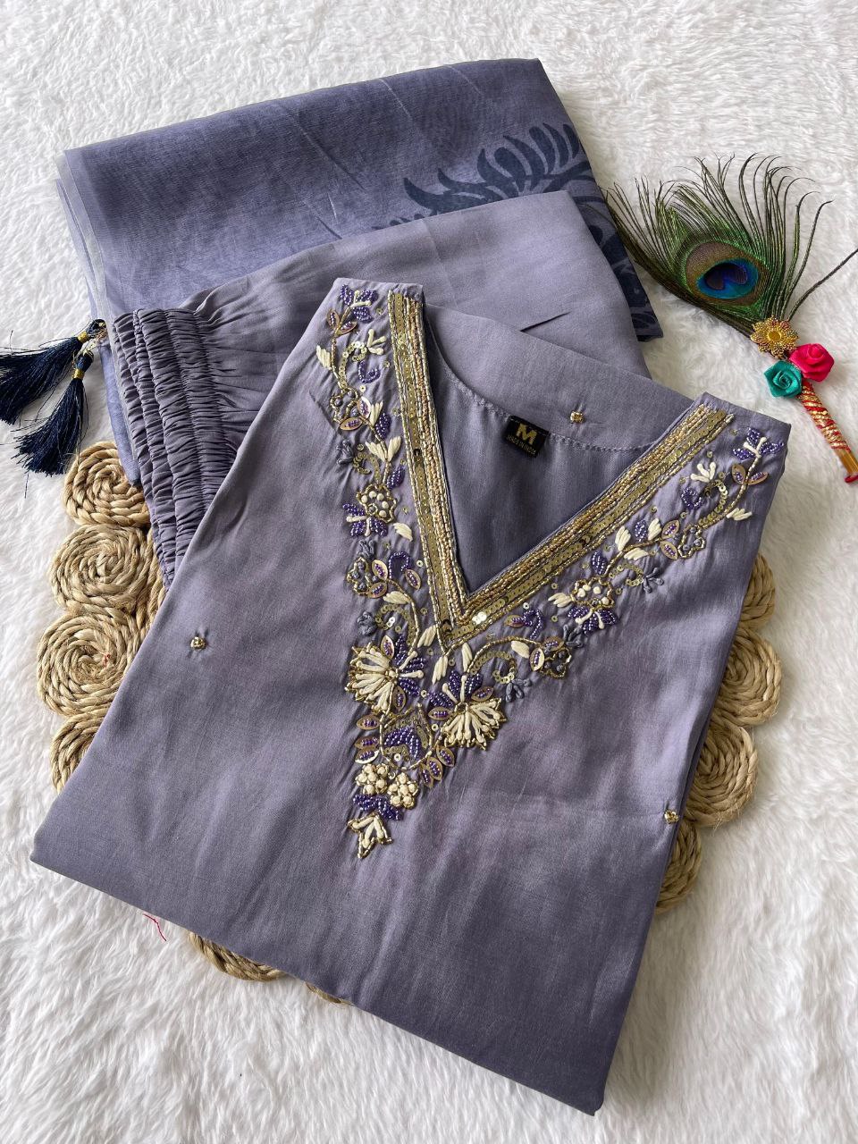 Breathtaking Lavender Roman Silk Handworked Kurta Pant Dupatta Set - Ethnicwish