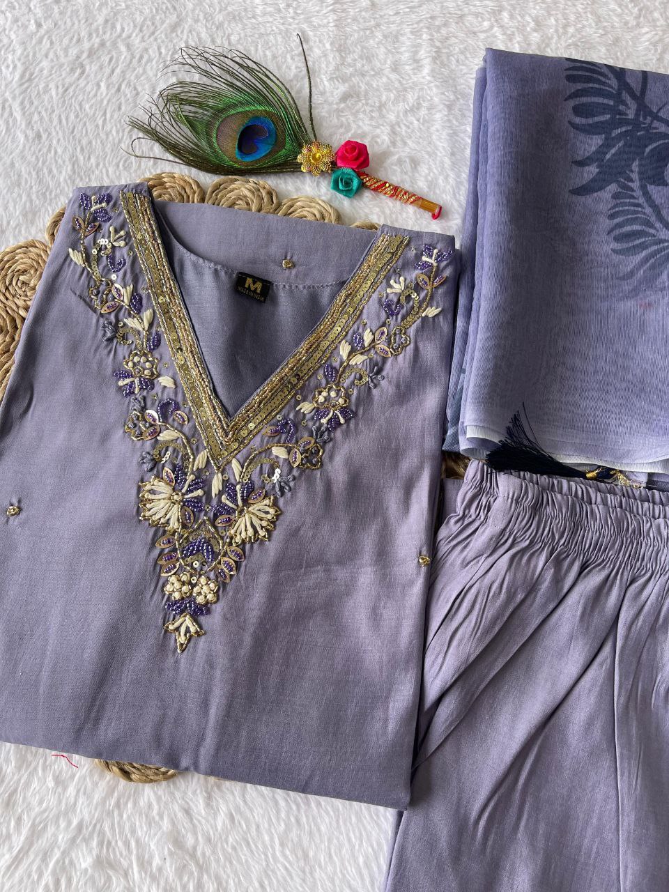 Breathtaking Lavender Roman Silk Handworked Kurta Pant Dupatta Set - Ethnicwish