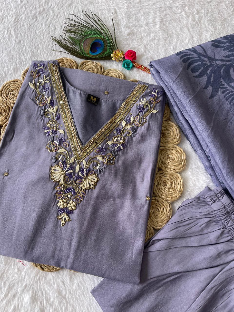 Breathtaking Lavender Roman Silk Handworked Kurta Pant Dupatta Set - Ethnicwish