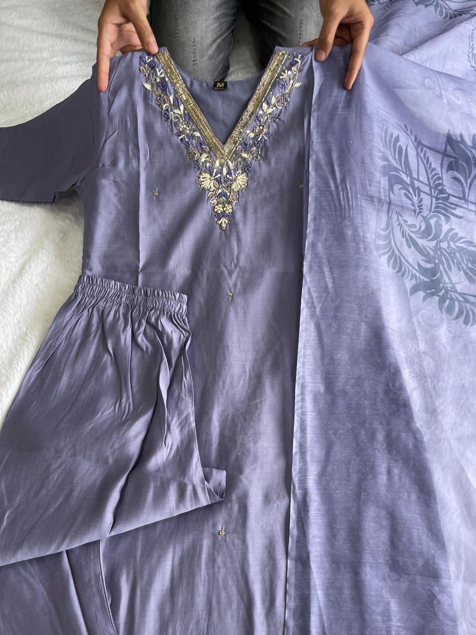 Breathtaking Lavender Roman Silk Handworked Kurta Pant Dupatta Set - Ethnicwish