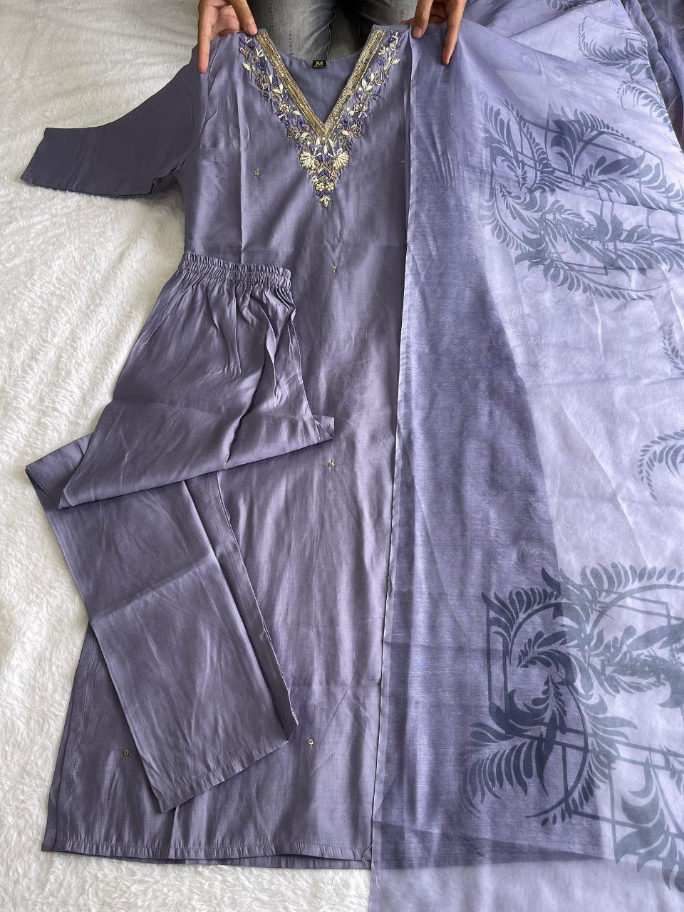 Breathtaking Lavender Roman Silk Handworked Kurta Pant Dupatta Set - Ethnicwish
