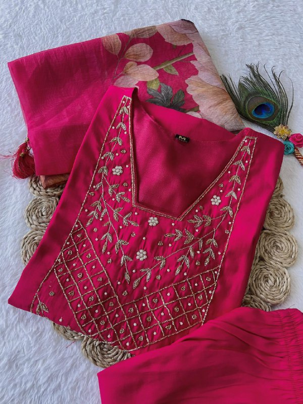 Chic Rani Pink Roman Silk Handworked Kurta Pant Dupatta Set - Ethnicwish