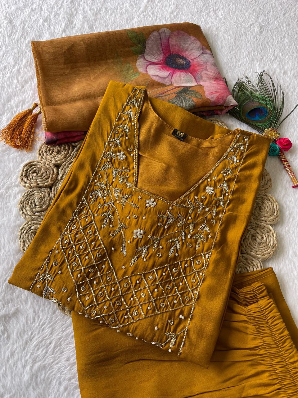 Resplendent Mustard Yellow Roman Silk Handworked Kurta Pant Dupatta Set - Ethnicwish