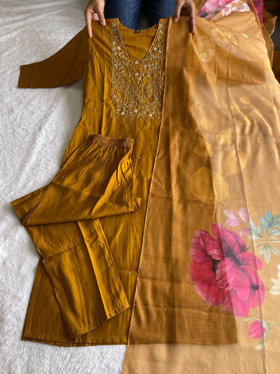 Resplendent Mustard Yellow Roman Silk Handworked Kurta Pant Dupatta Set - Ethnicwish