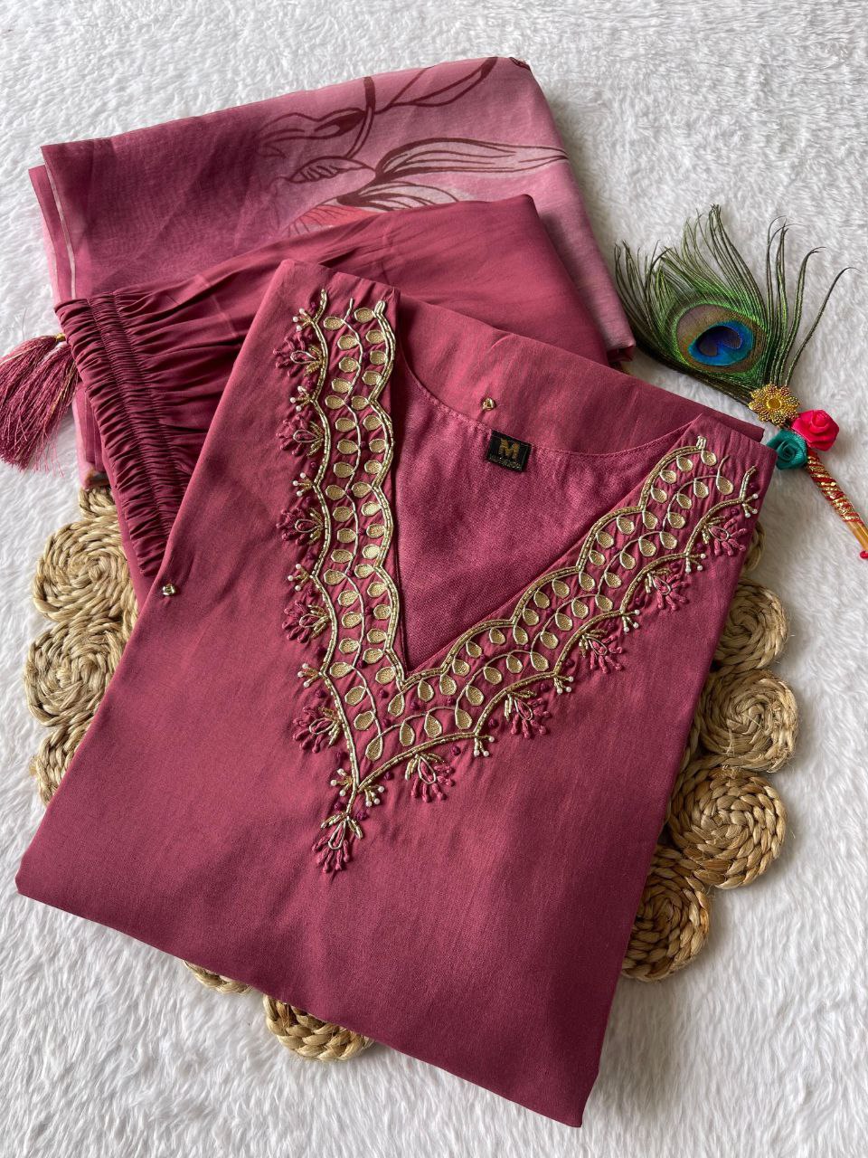 Alluring Dull Magenta Roman Silk Handworked Kurta Pant Dupatta Set - Ethnicwish