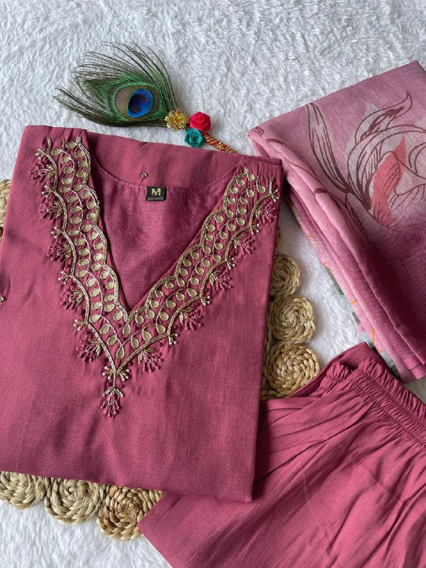 Alluring Dull Magenta Roman Silk Handworked Kurta Pant Dupatta Set - Ethnicwish