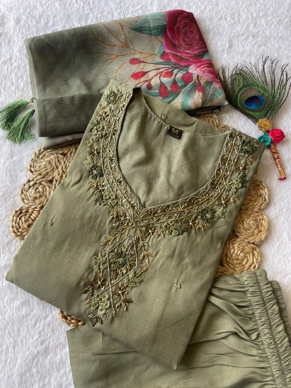 Divine Light Mehendi Roman Silk Handworked Kurta Pant Dupatta Set - Ethnicwish