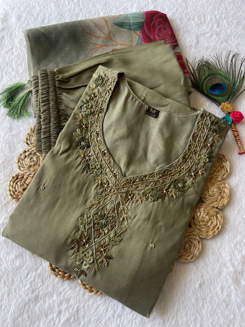 Divine Light Mehendi Roman Silk Handworked Kurta Pant Dupatta Set - Ethnicwish