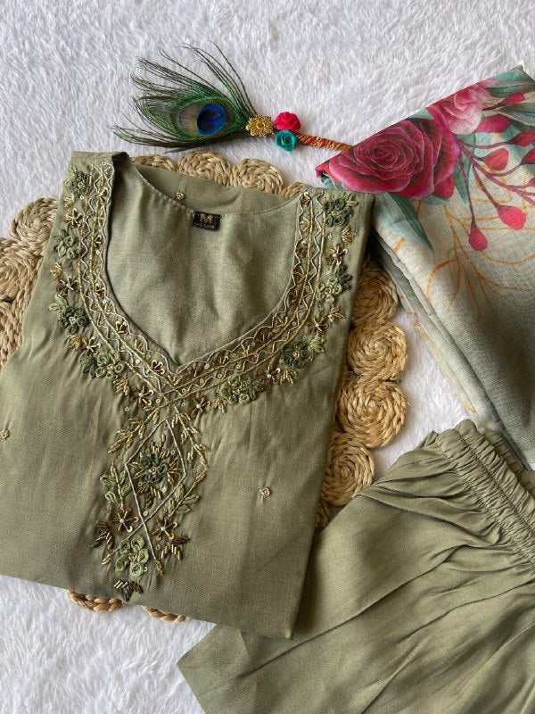 Divine Light Mehendi Roman Silk Handworked Kurta Pant Dupatta Set - Ethnicwish