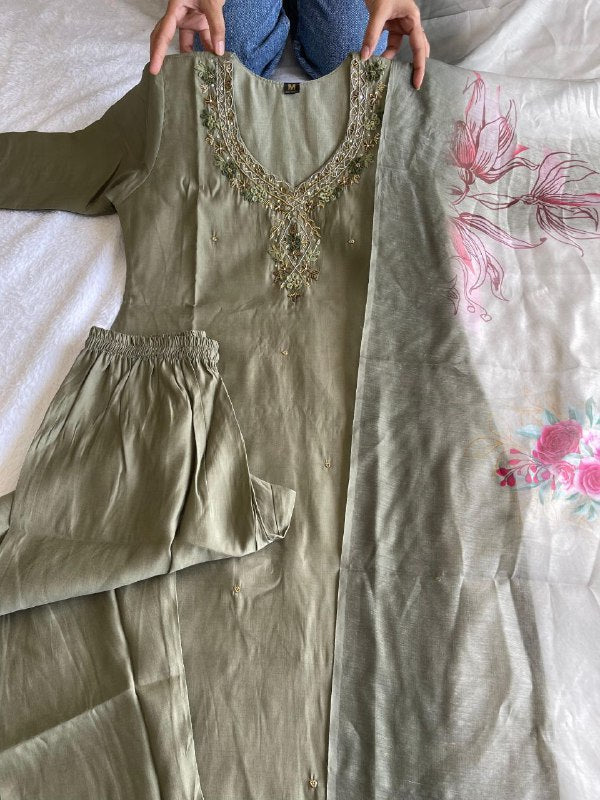 Divine Light Mehendi Roman Silk Handworked Kurta Pant Dupatta Set - Ethnicwish