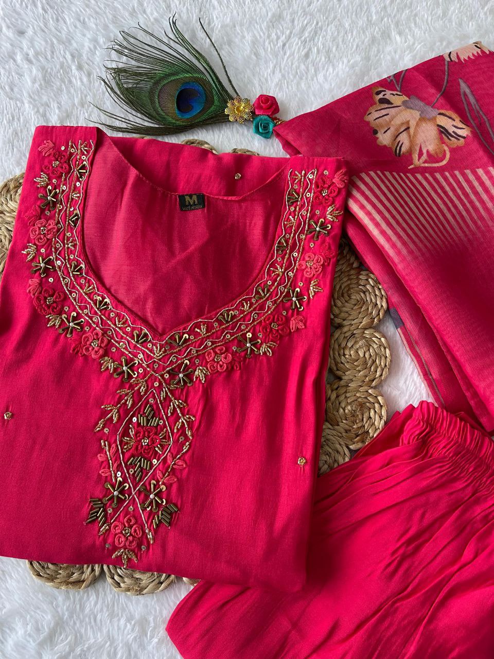 Stylish Tomato Roman Silk Handworked Kurta Pant Dupatta Set - Ethnicwish