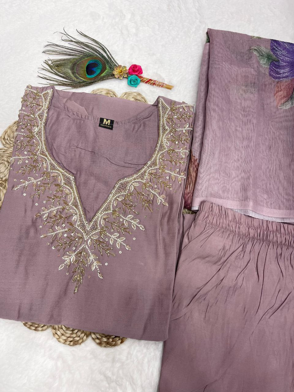 Stylish Ice Peach Roman Silk Handworked Kurta Pant Dupatta Set - Ethnicwish