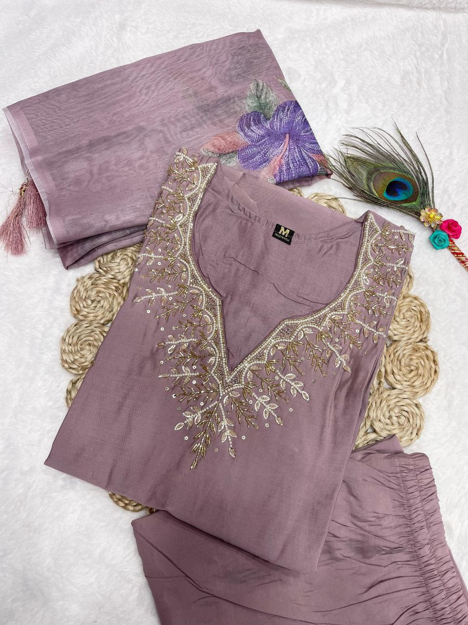 Stylish Ice Peach Roman Silk Handworked Kurta Pant Dupatta Set - Ethnicwish