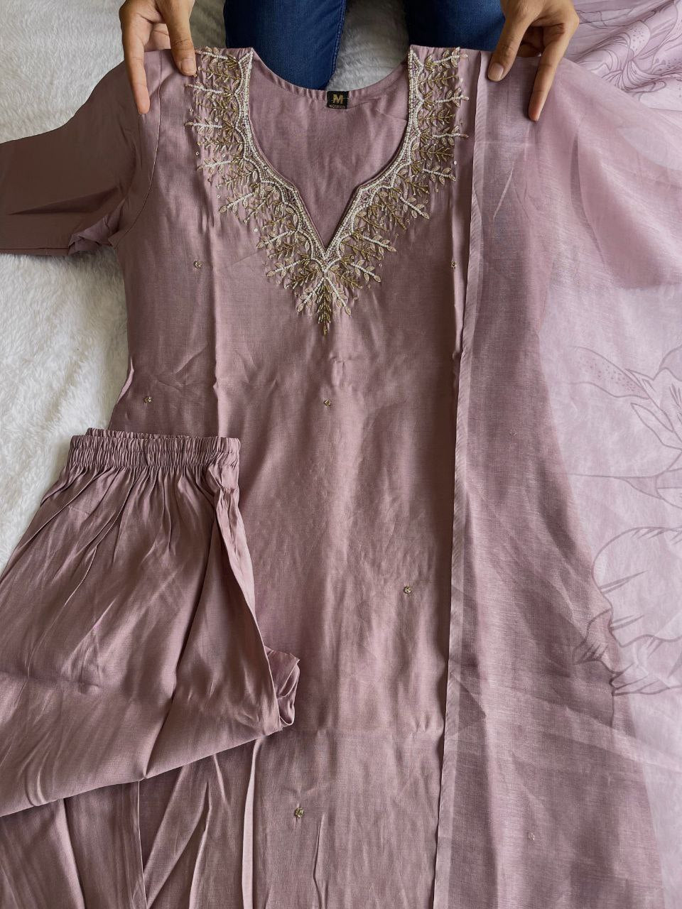 Stylish Ice Peach Roman Silk Handworked Kurta Pant Dupatta Set - Ethnicwish