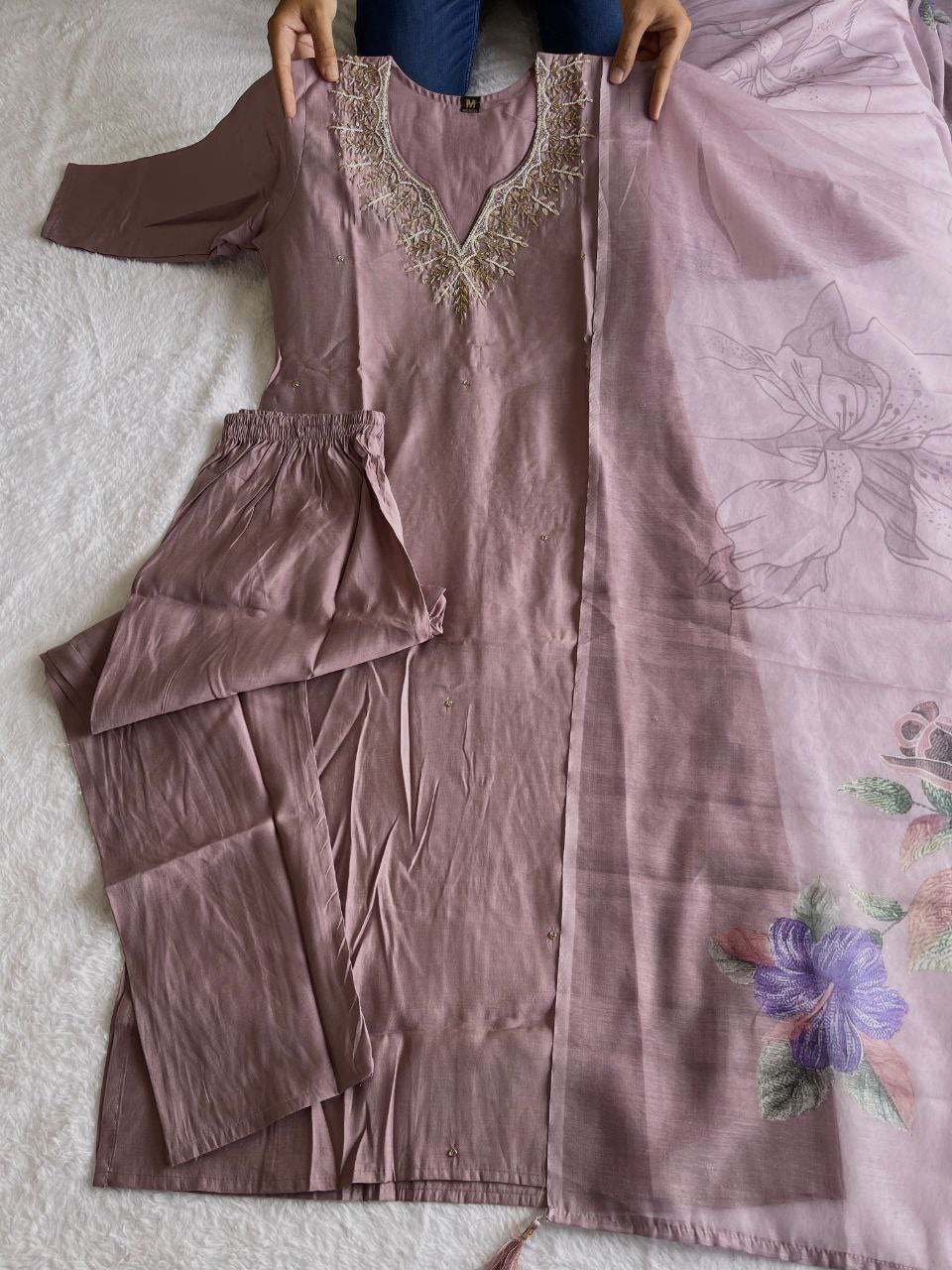 Stylish Ice Peach Roman Silk Handworked Kurta Pant Dupatta Set - Ethnicwish