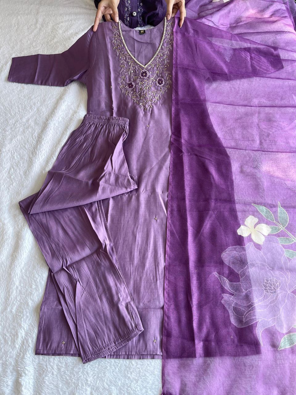 Ravishing Light Purple Roman Silk Handworked Kurta Pant Dupatta Set - Ethnicwish