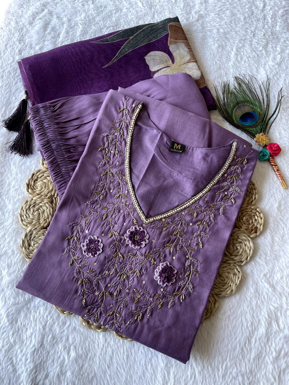 Ravishing Light Purple Roman Silk Handworked Kurta Pant Dupatta Set - Ethnicwish