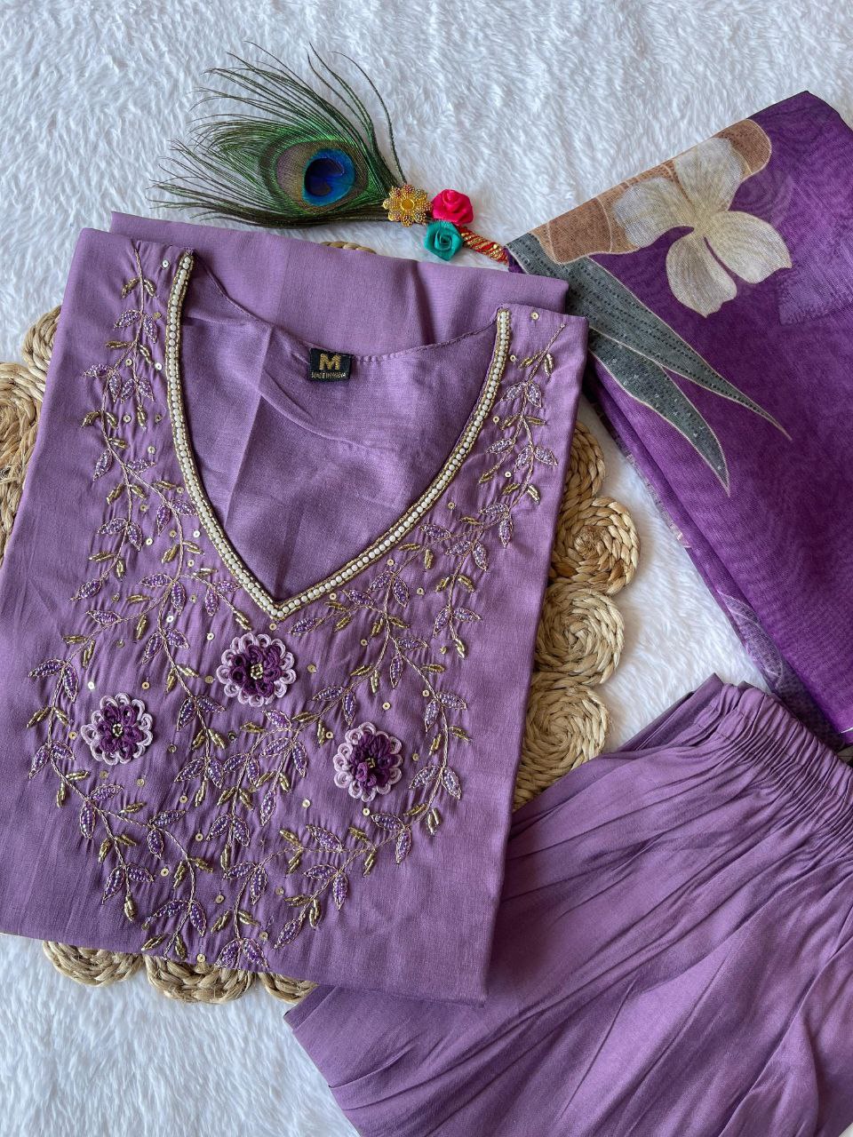 Ravishing Light Purple Roman Silk Handworked Kurta Pant Dupatta Set - Ethnicwish
