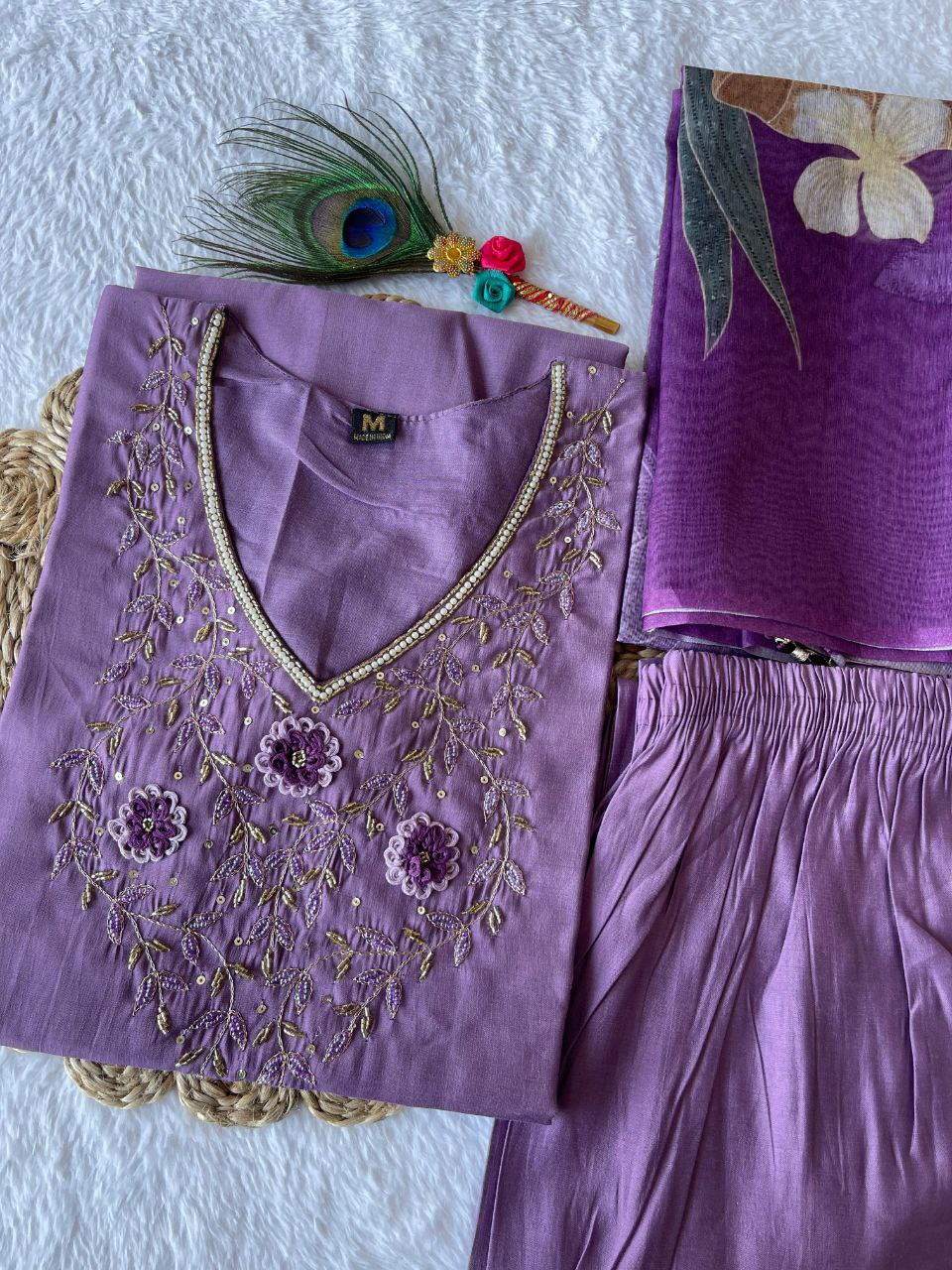 Ravishing Light Purple Roman Silk Handworked Kurta Pant Dupatta Set - Ethnicwish