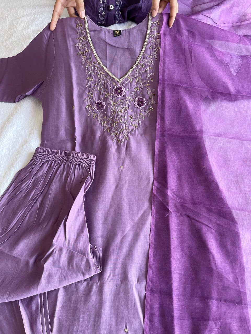 Ravishing Light Purple Roman Silk Handworked Kurta Pant Dupatta Set - Ethnicwish