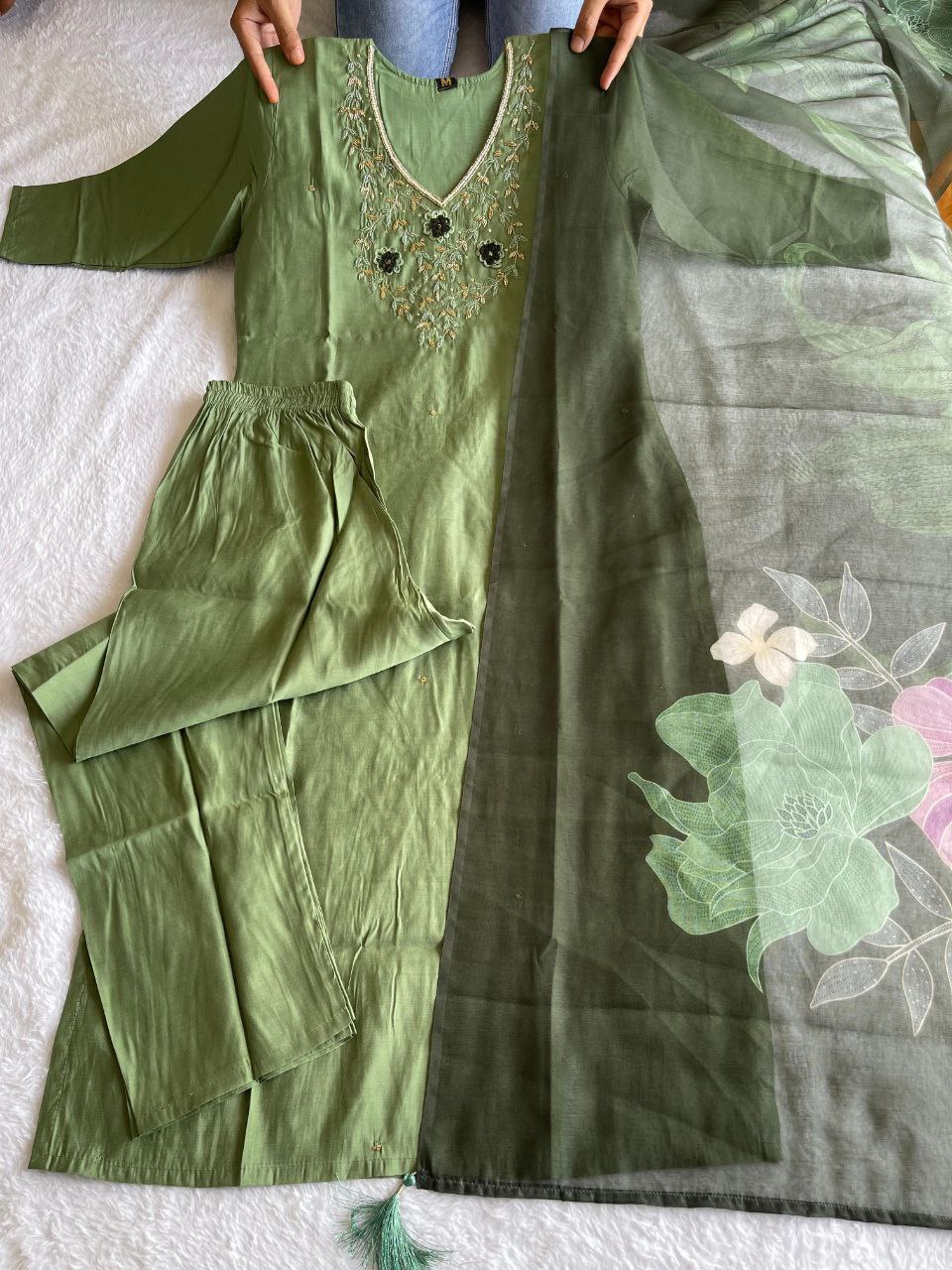 Ravishing Pista Green Roman Silk Handworked Kurta Pant Dupatta Set - Ethnicwish