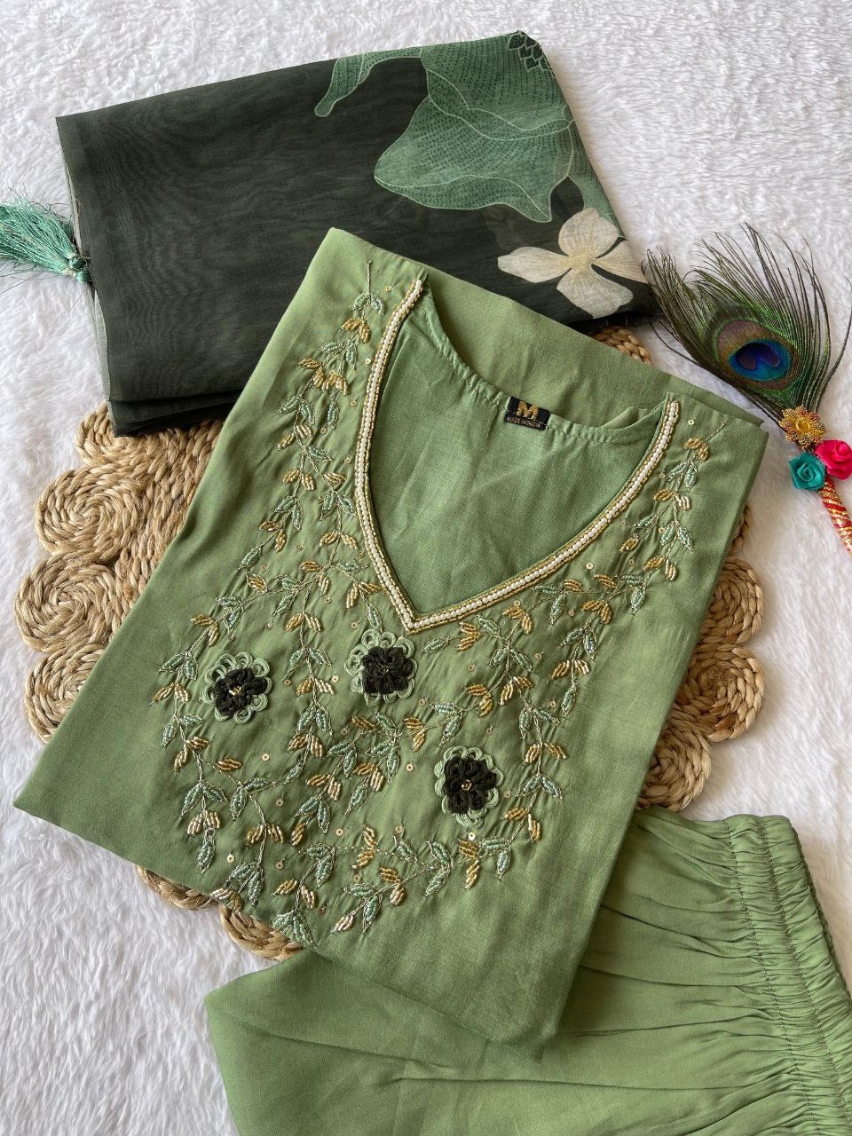 Ravishing Pista Green Roman Silk Handworked Kurta Pant Dupatta Set - Ethnicwish