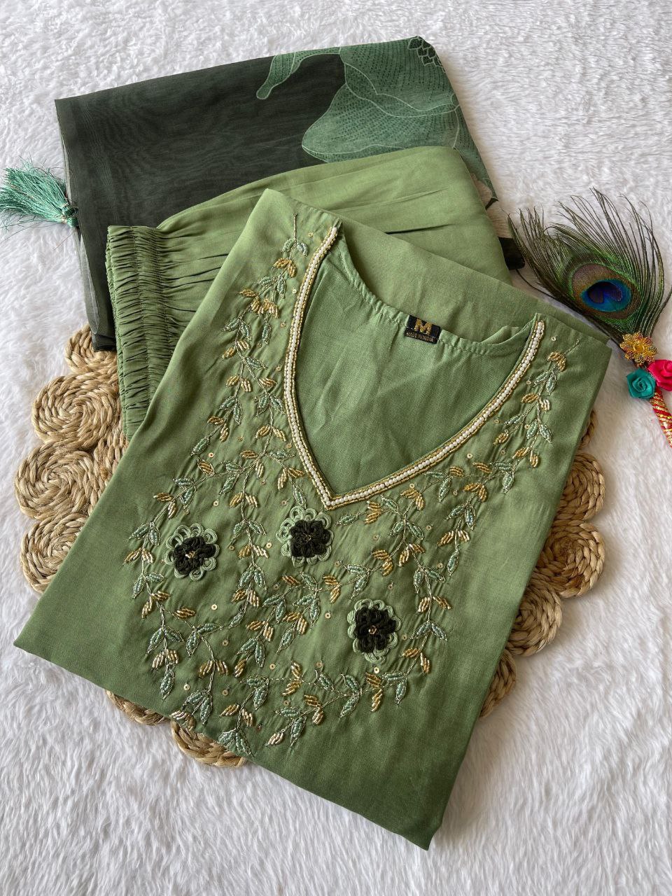 Ravishing Pista Green Roman Silk Handworked Kurta Pant Dupatta Set - Ethnicwish