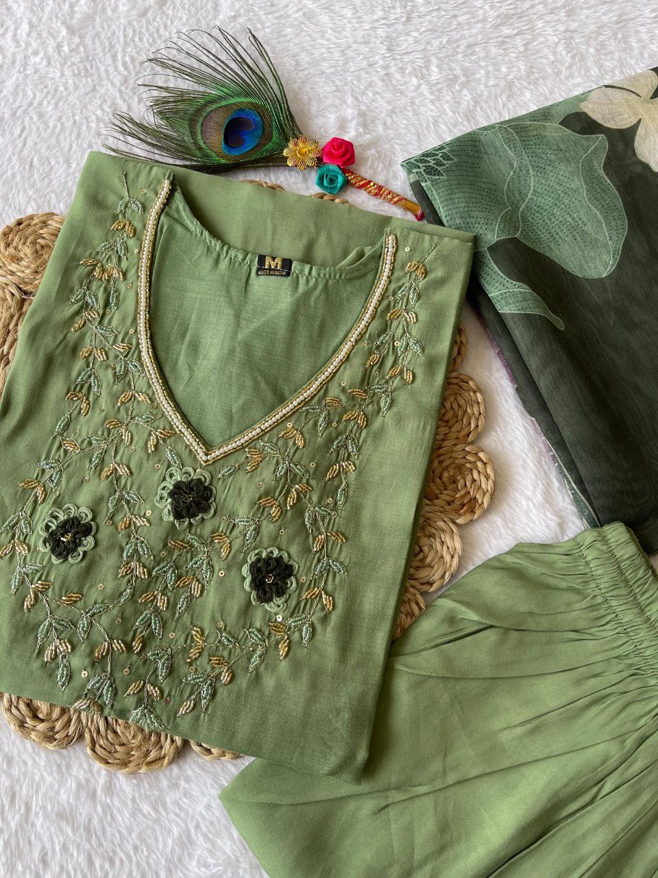 Ravishing Pista Green Roman Silk Handworked Kurta Pant Dupatta Set - Ethnicwish